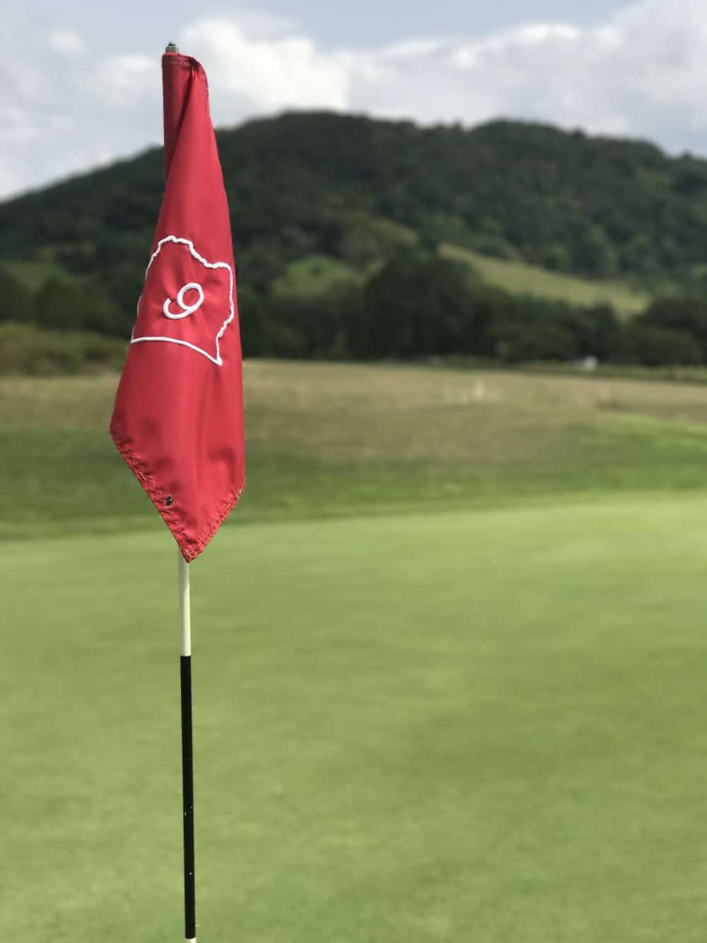A red golf flag with the number 9 stands on a green course with a hilly background.